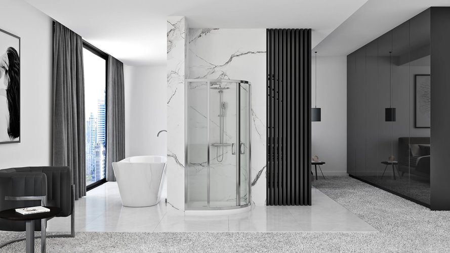 Chromowana asymetryczna kabina prysznicowa z brodzikiem rozsuwana 100x80 cm Look Rea Lewa