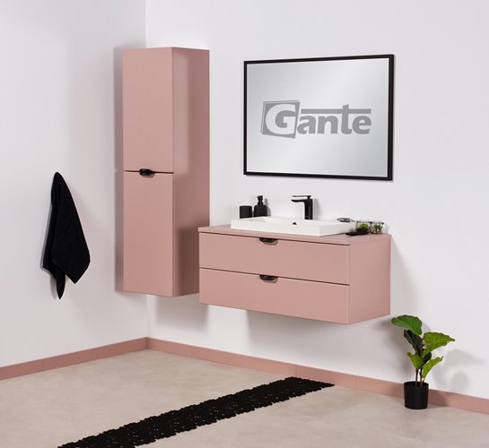 Szafka łazienkowa pudrowy róż z umywalką nablatową czarny uchwyt 100 cm Magnolia Gante