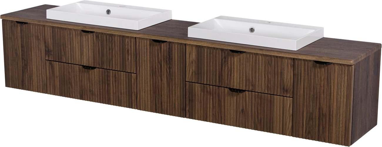 Szafka łazienkowa z lamelami wisząca z dwiema umywalkami nablatowymi 210 cm 39/2 Victa Lamello kolor orzech