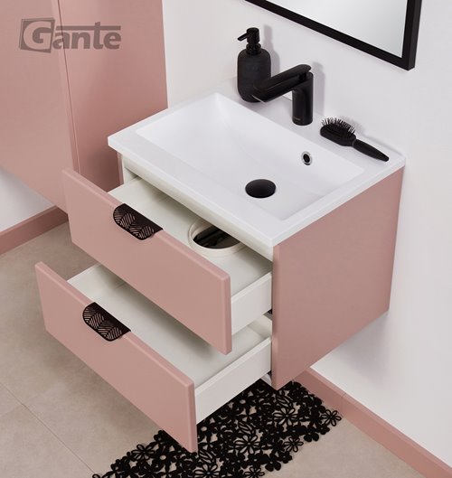 Szafka łazienkowa pudrowy róż z umywalką czarny uchwyt 50 cm Magnolia Gante