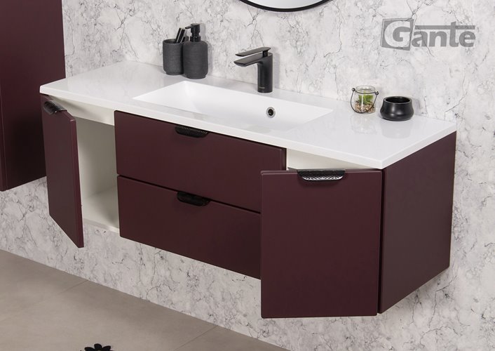 Burgundowa szafka łazienkowa wisząca z umywalką czarny uchwyt 120 cm Magnolia