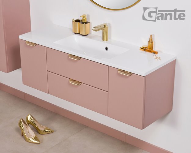 Szafka łazienkowa pudrowy róż z umywalką złoty uchwyt 120 cm Magnolia Gante