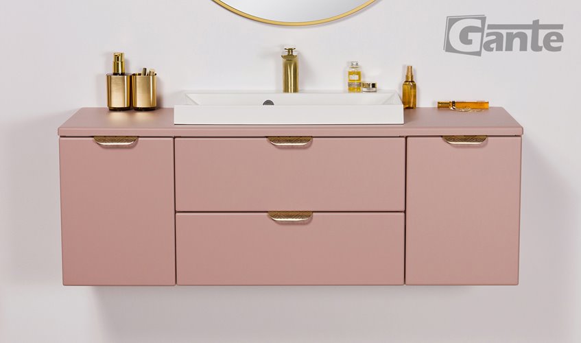 Szafka łazienkowa pudrowy róż z umywalką nablatową złoty uchwyt 120 cm Magnolia Gante