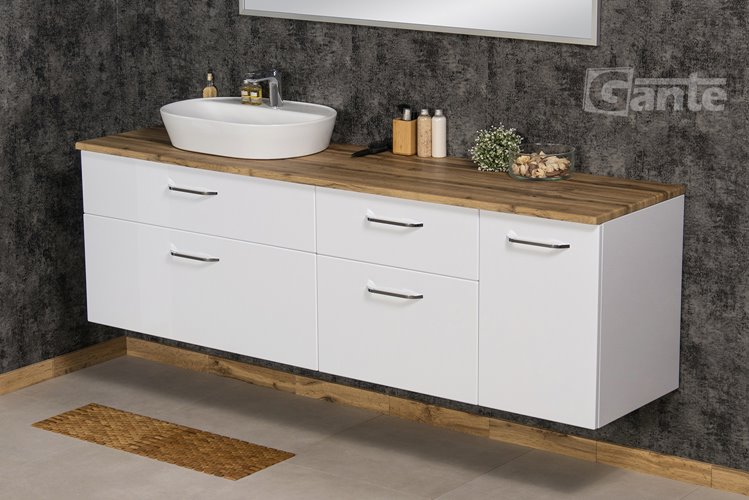 Duża szafka łazienkowa wisząca z umywalką nablatową i koszem 180 cm SETTO MODULO kolor biały połysk