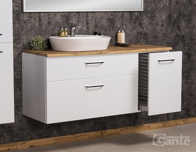 Szafka łazienkowa wisząca z umywalką nablatową i koszem 140 cm SETTO MODULO kolor biały połysk