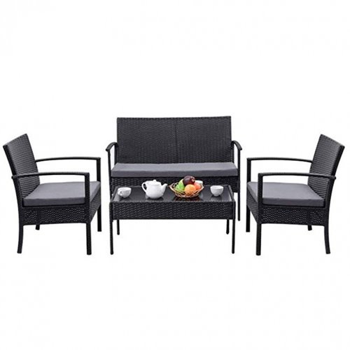 Meble ogrodowe kolor czarny technorattan sofa, stół, krzesła zestaw Pires