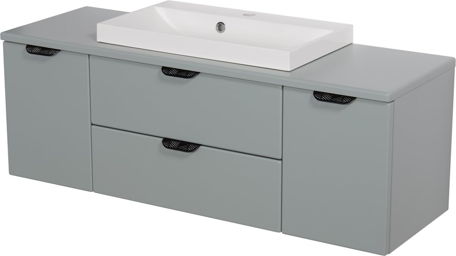 Miętowa szafka łazienkowa wisząca z białą umywalką nablatową czarny uchwyt 120 cm Magnolia