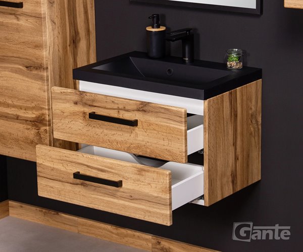 Szafka wisząca z czarną matową umywalką 60 cm kolor dąb naturalny 39/2 seria Fokus Loft Gante