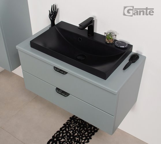 Miętowa szafka łazienkowa wisząca z czarną umywalką nablatową czarny uchwyt 80 cm Magnolia