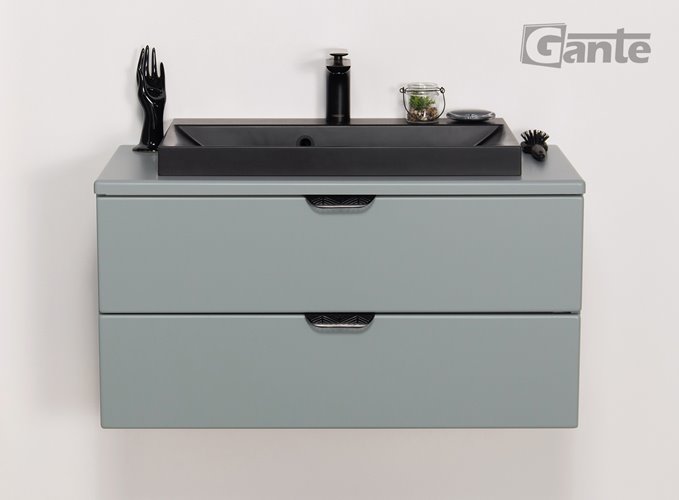 Miętowa szafka łazienkowa wisząca z czarną umywalką nablatową czarny uchwyt 80 cm Magnolia