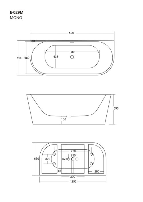 Wanna akrylowa, przyścienna wolnostojąca Mono Corsan 150 cm korek klik-klak biały