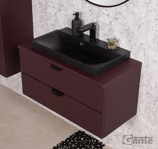 Burgundowa szafka łazienkowa wisząca z czarną umywalką nablatową czarny uchwyt 80 cm Magnolia