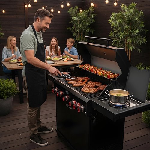 Grill gazowy ZEUS-D kolor czarny ruszt żeliwny moc 17,5 kW + pokrowiec + palnik boczny + LED zdjęcie 9