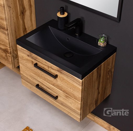 Szafka wisząca z czarną matową umywalką 60 cm kolor dąb naturalny 39/2 seria Fokus Loft Gante