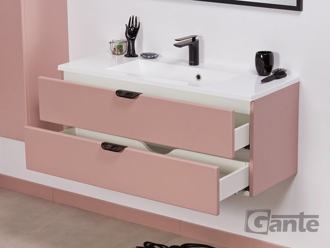 Szafka łazienkowa pudrowy róż z umywalką czarny uchwyt 100 cm Magnolia Gante