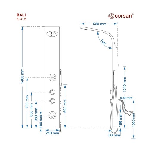 Panel natryskowy bambusowy czarny bateria mieszacz B-231M Bali Corsan zdjęcie 7
