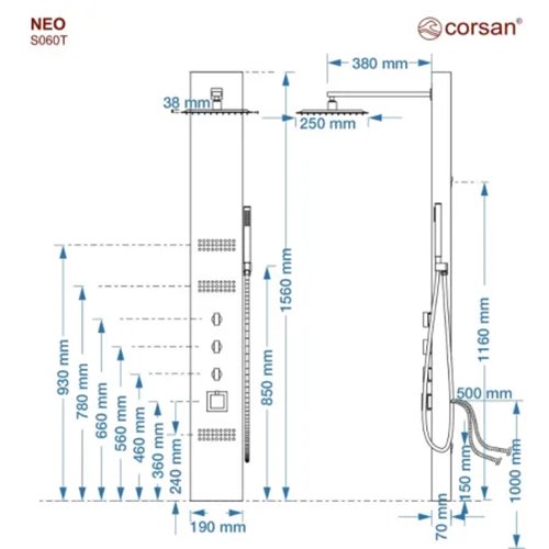 Panel prysznicowy czarny Neo Led Corsan bateria termostat zdjęcie 5