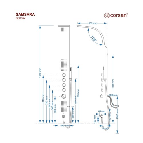 Panel prysznicowy czarny z wylewką termostat Samsara Corsan zdjęcie 7