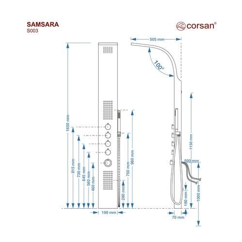 Wymiary panelu Corsan Samsara S003MBGL