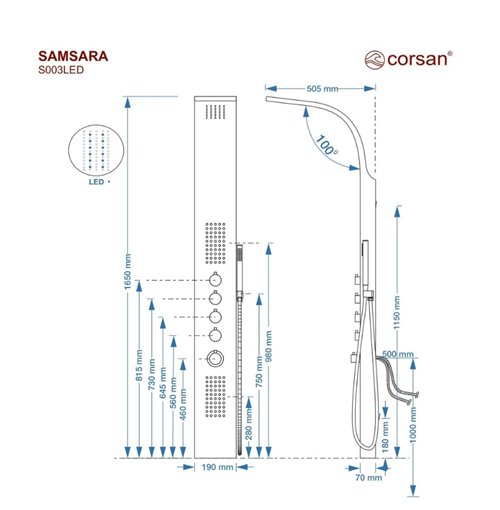 Panel prysznicowy w kolorze czarnym Samsara Corsan LED wersja termostat zdjęcie 5