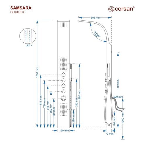 Panel prysznicowy w kolorze stalowym Samsara Corsan LED wersja termostat zdjęcie 4