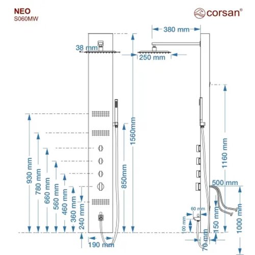 Panel prysznicowy z wylewką kolor stalowy Neo Corsan bateria termostat zdjęcie 3