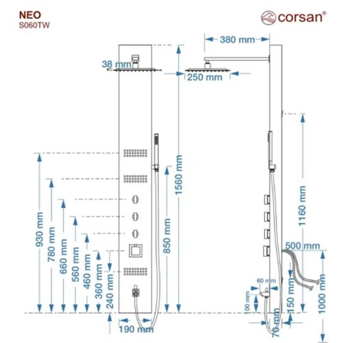 Panel prysznicowy z wylewką Neo Led Corsan bateria termostat zdjęcie 5