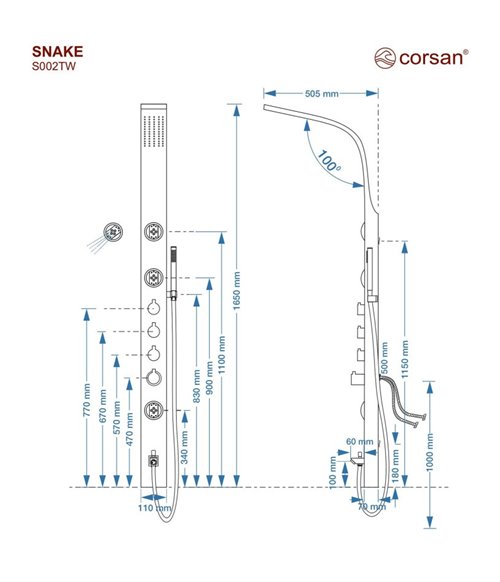 Panel prysznicowy z wylewką srebrny Snake Corsan wersja termostat zdjęcie 5