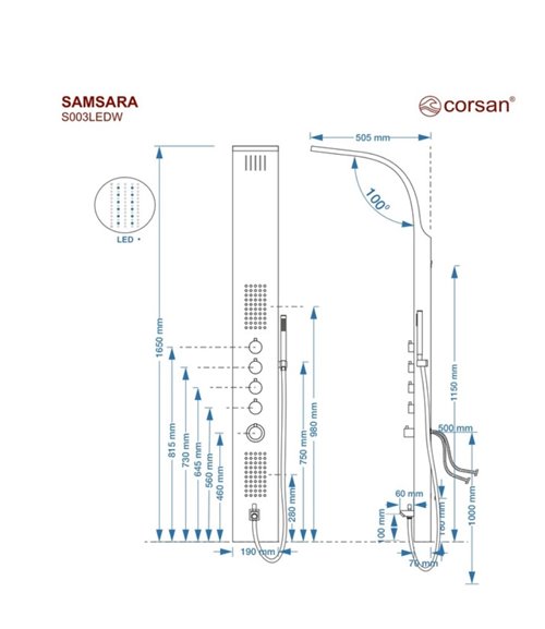 Panel prysznicowy z wylewką w kolorze stalowym Samsara Corsan LED wersja termostat zdjęcie 4