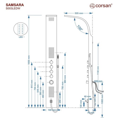 Panel prysznicowy z wylewką wannową Samsara Corsan LED wersja termostat zdjęcie 4