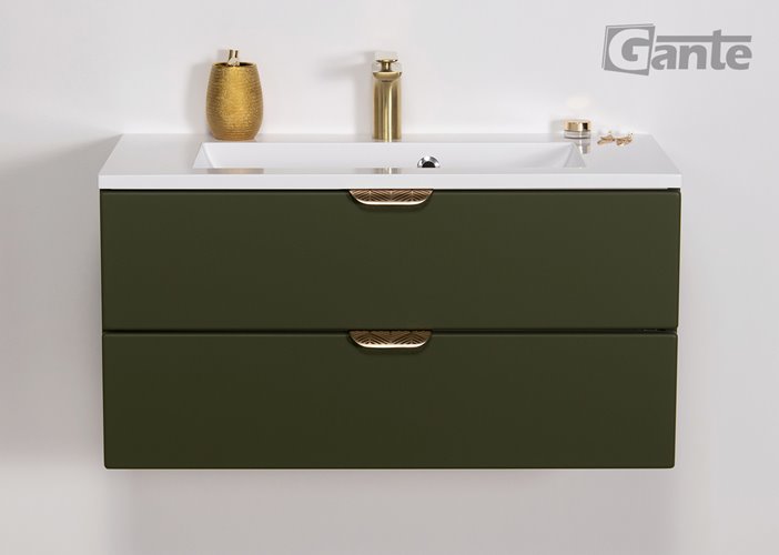 Oliwkowa szafka łazienkowa wisząca z umywalką złoty uchwyt 80 cm Magnolia