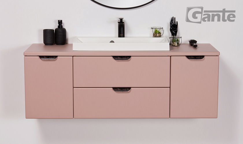 Szafka łazienkowa pudrowy róż z umywalką nablatową czarny uchwyt 120 cm Magnolia Gante