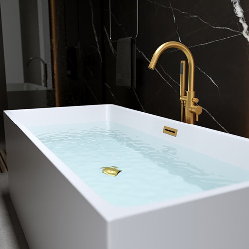 Wanna wolnostojąca prostokątna przelew i korek złoty szczotkowany 150 cm Santa Hydrosan