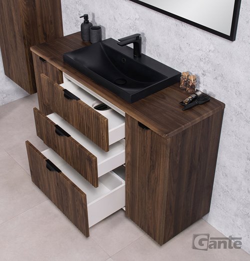 Szafka łazienkowa z lamelami wisząca z czarną umywalką nablatową 120 cm 39/3 Victa Lamello kolor orzech