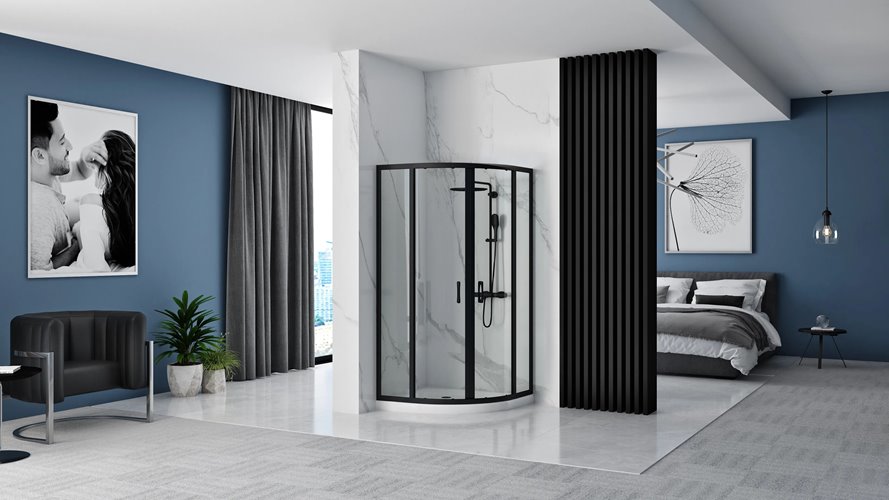 Czarna asymetryczna kabina prysznicowa z brodzikiem 100x80 cm Look Rea Black Lewa