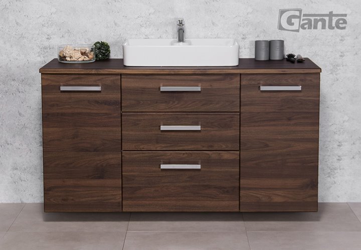 Szafka łazienkowa wisząca z umywalką nablatową 140 cm 50/3 Fokus kolor orzech