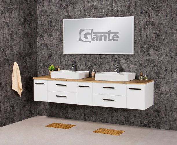 Szafka wisząca z dwiema umywalkami nablatowymi 210 cm z blatem w kolorze dąb naturalny 210/39/C2 seria Fokus B