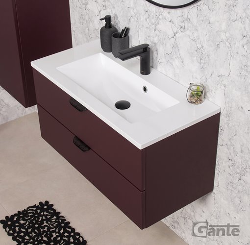 Burgundowa szafka łazienkowa wisząca z umywalką czarny uchwyt 80 cm Magnolia