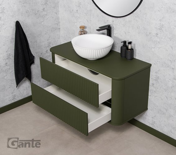 Szafka łazienkowa wisząca ryflowane fronty z umywalką LILIA 100 cm oliwkowy mat z umywalką Gante