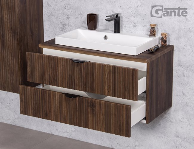 Szafka łazienkowa z lamelami wisząca z umywalką nablatową 80 cm 39/2 Victa Lamello kolor orzech