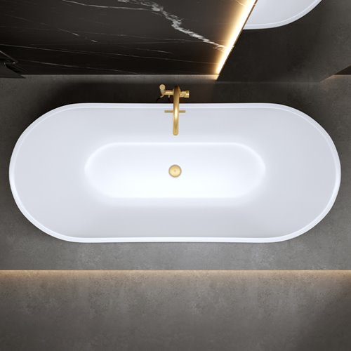 Wanna wolnostojąca biała przelew oraz korek złoty szczotkowany 150 cm Rica Hydrosan
