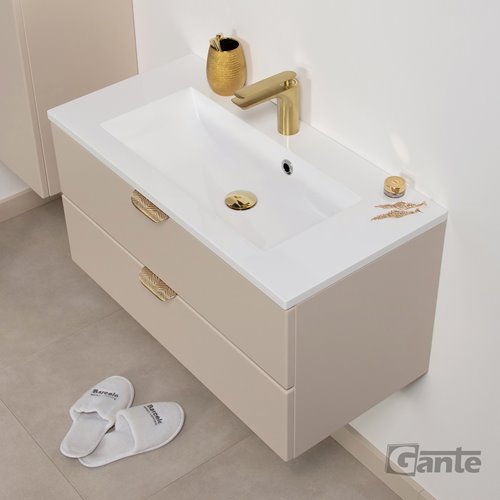 Piaskowa szafka łazienkowa wisząca z umywalką złoty uchwyt 80 cm Magnolia