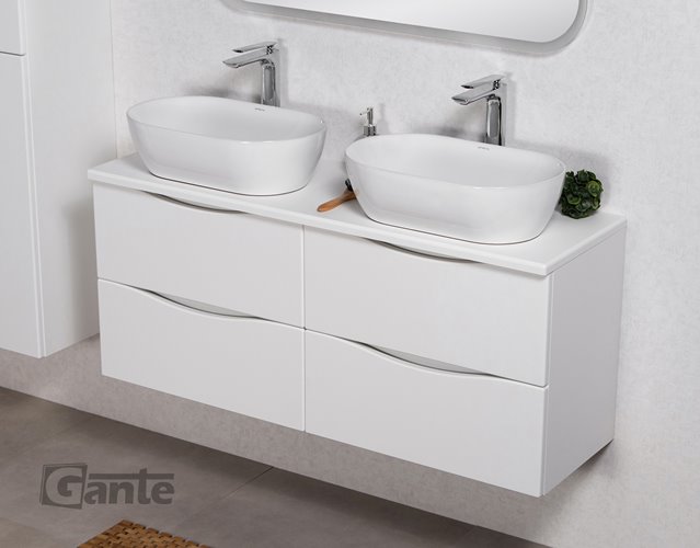 Szafka łazienkowa wisząca ONDA 120 cm biała z dwiema z umywalkami Gante