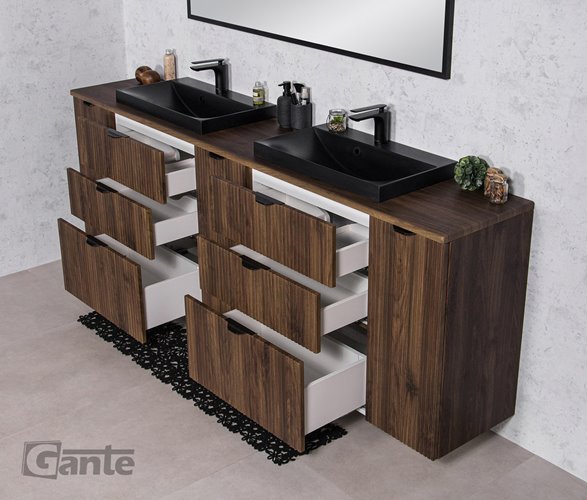 Szafka łazienkowa z lamelami wisząca z dwiema czarnymi umywalkami nablatowymi 210 cm 39/3 Victa Lamello kolor orzech