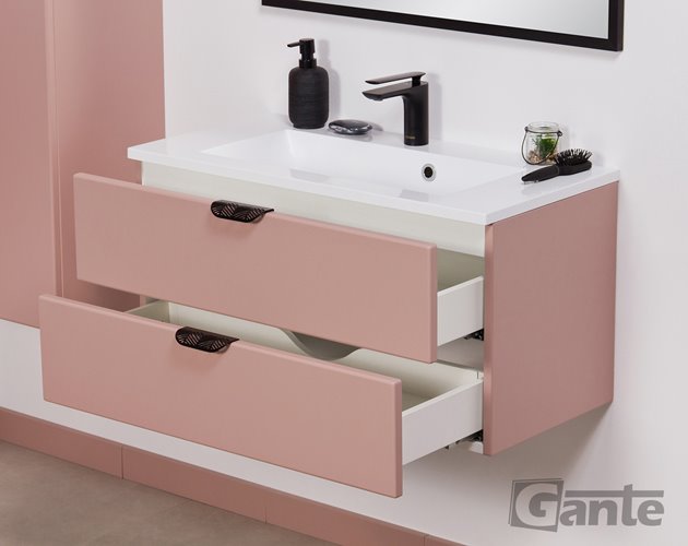 Szafka łazienkowa pudrowy róż z umywalką czarny uchwyt 80 cm Magnolia Gante