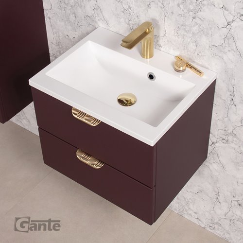 Burgundowa szafka łazienkowa wisząca z umywalką złoty uchwyt 50 cm Magnolia