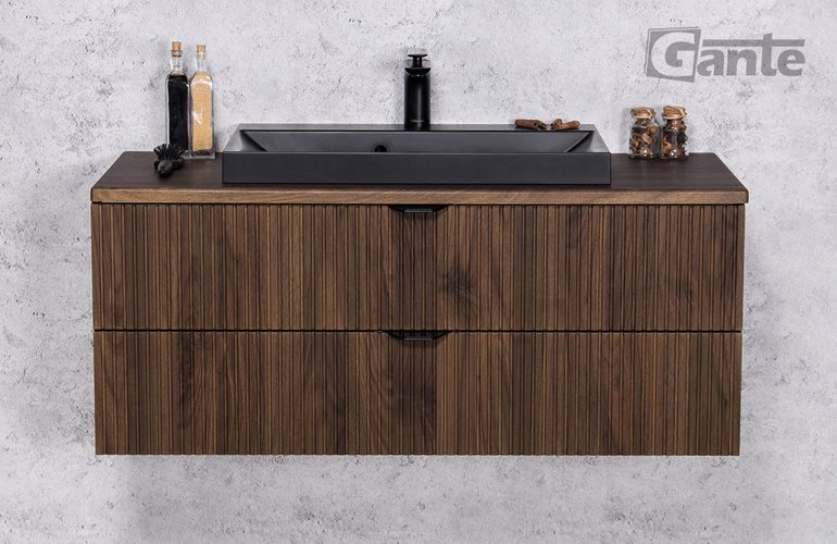 Szafka łazienkowa z lamelami wisząca z czarną umywalką nablatową 100 cm 39/2 Victa Lamello kolor orzech