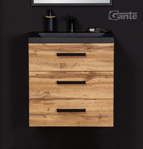 Szafka wisząca z czarną matową umywalką 60 cm kolor dąb naturalny 39/3 seria Fokus Loft Gante