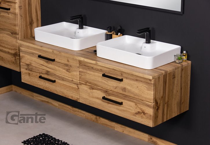 Szafka wisząca z dwiema umywalkami nablatowymi 160 cm 50/4 kolor dąb naturalny seria Fokus Loft Gante