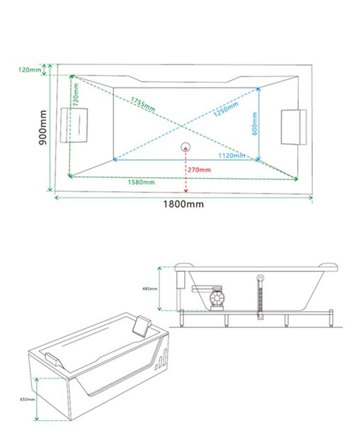 Wanna z hydromasażem przyścienna 180x90 cm Saturn 944 Hydrosan